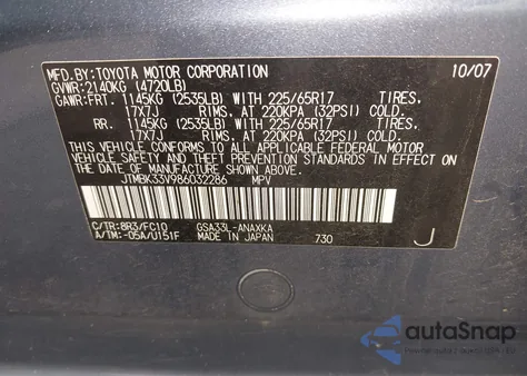 2008 Toyota Rav4 Base V6 from USA, damaged, VIN JTMBK33V986032286